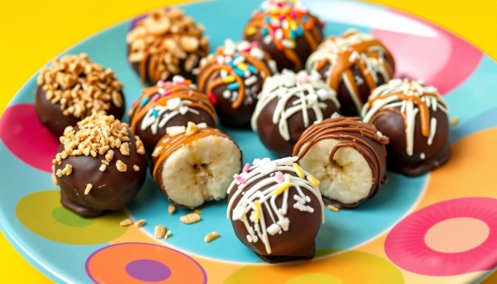 chocolate-covered banana bites with creative toppings